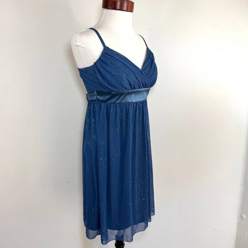 Y2K Glitter Mesh Babydoll Mini Dress Blue Empire Waist Fairycore Party USA M - Picture 5 of 13